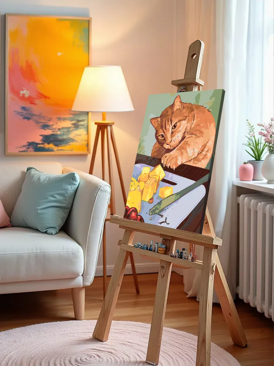 Картина по номерам «Кошки: пушистый рыжий кот тянется за едой» — картинка 9