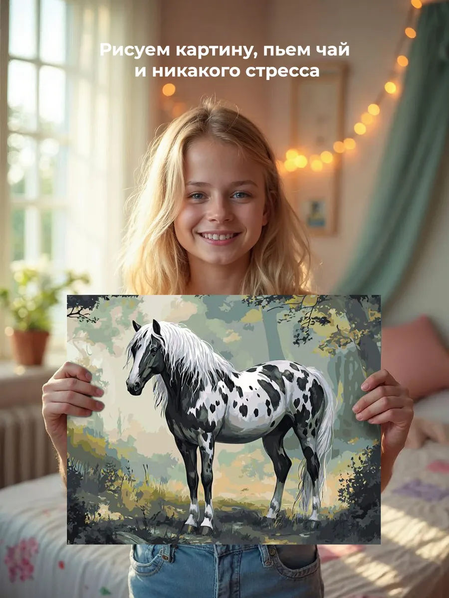 Картина по номерам «Животные: черно-белая лошадь в лесу» — картинка 7