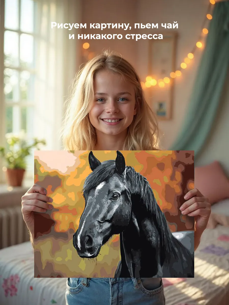 Картина по номерам «Животные: черная лошадь в лесу, осень» — картинка 7