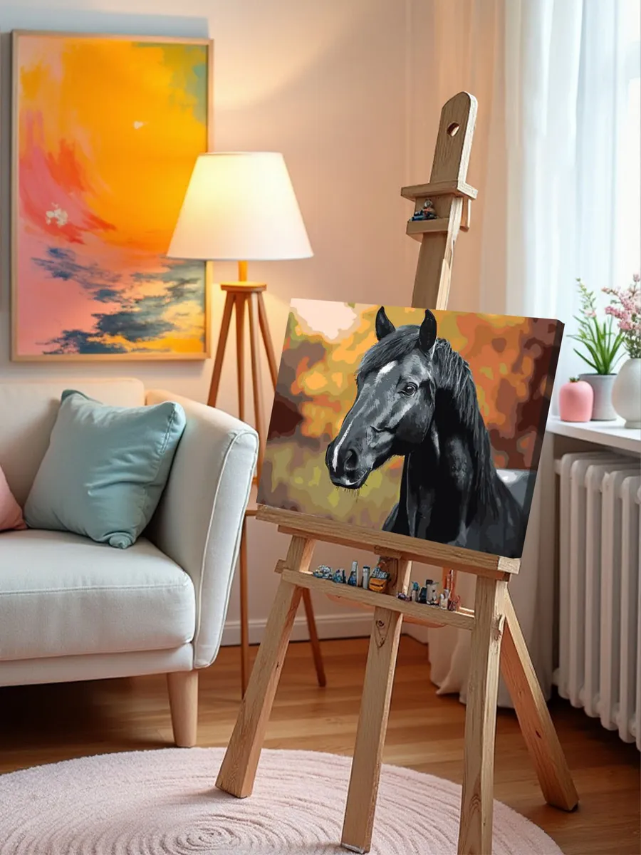 Картина по номерам «Животные: черная лошадь в лесу, осень» — картинка 10