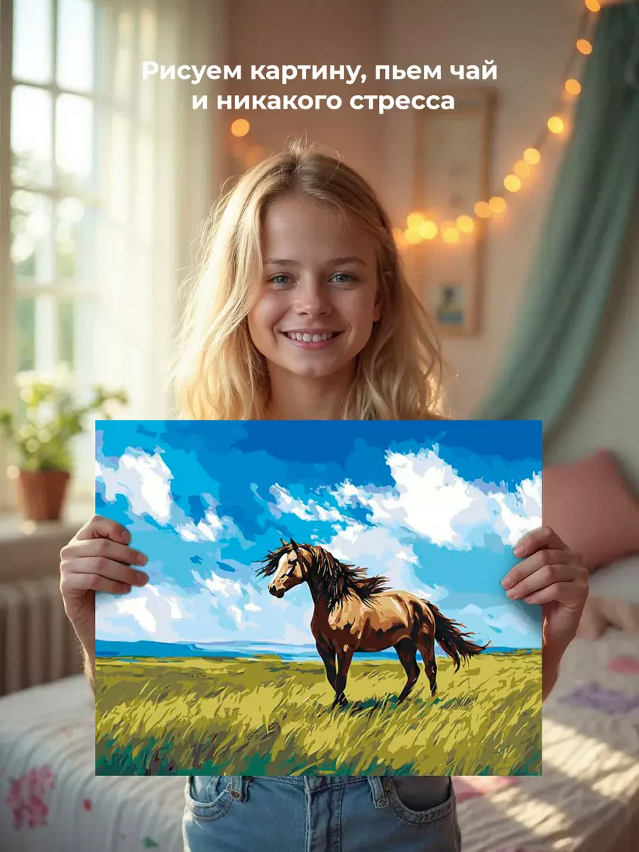 Картина по номерам «Животные: лошадь на зеленом лугу, пейзаж» — картинка 7