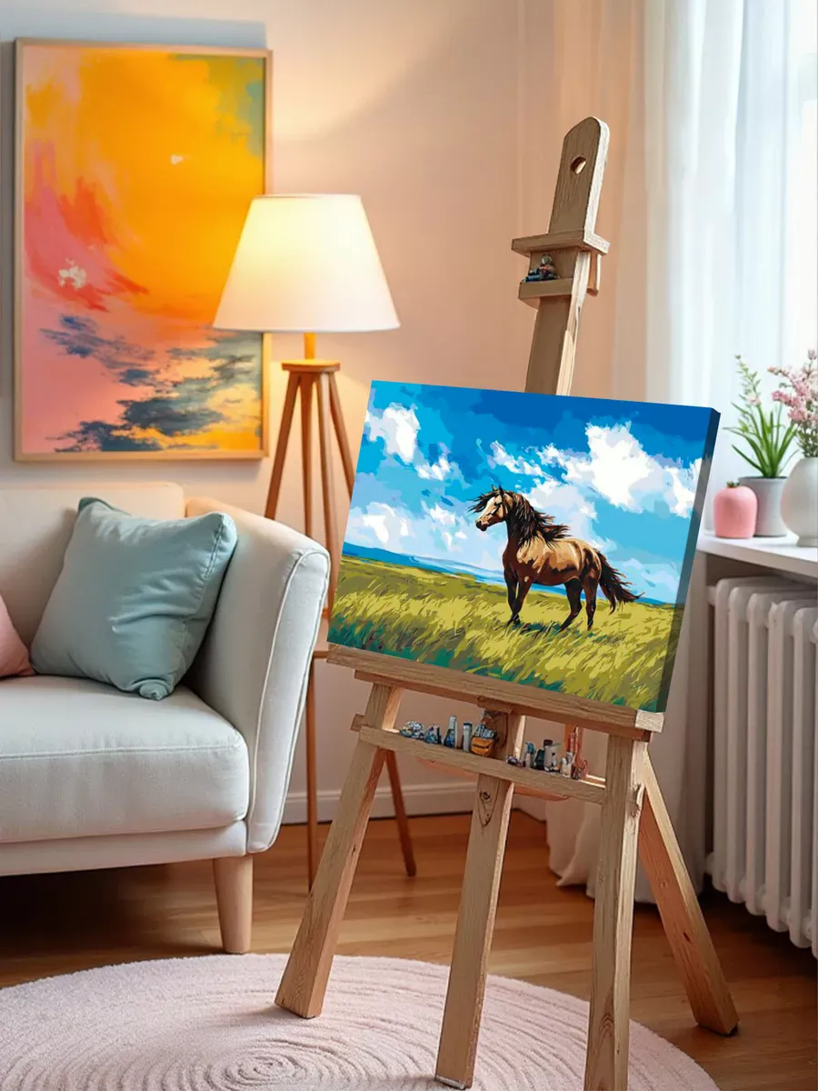 Картина по номерам «Животные: лошадь на зеленом лугу, пейзаж» — картинка 10
