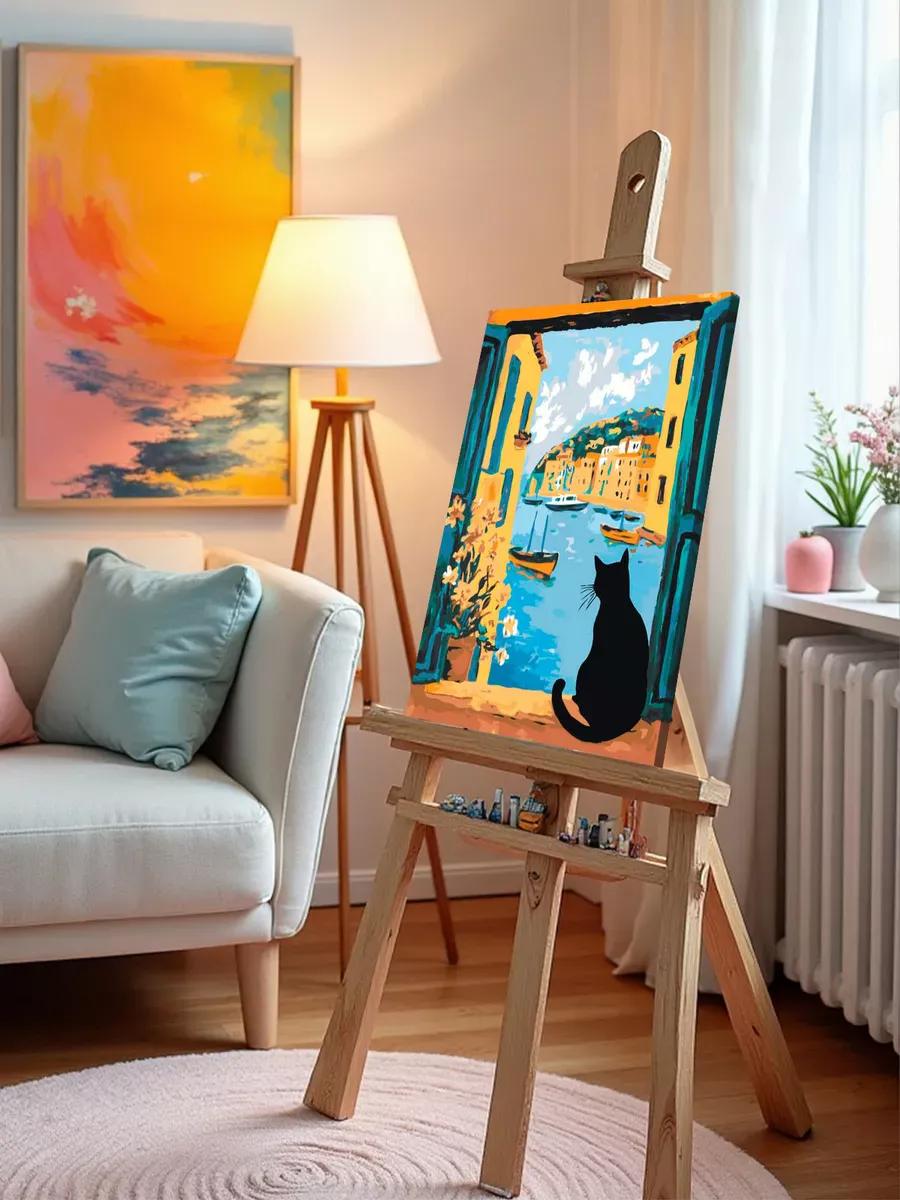 Картина по номерам «Кошки: черный кот, вид на море и лодки» — картинка 10