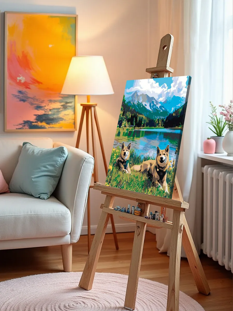 Картина по номерам «Собаки: актиа-ину и озеро в лесу, горы» — картинка 10