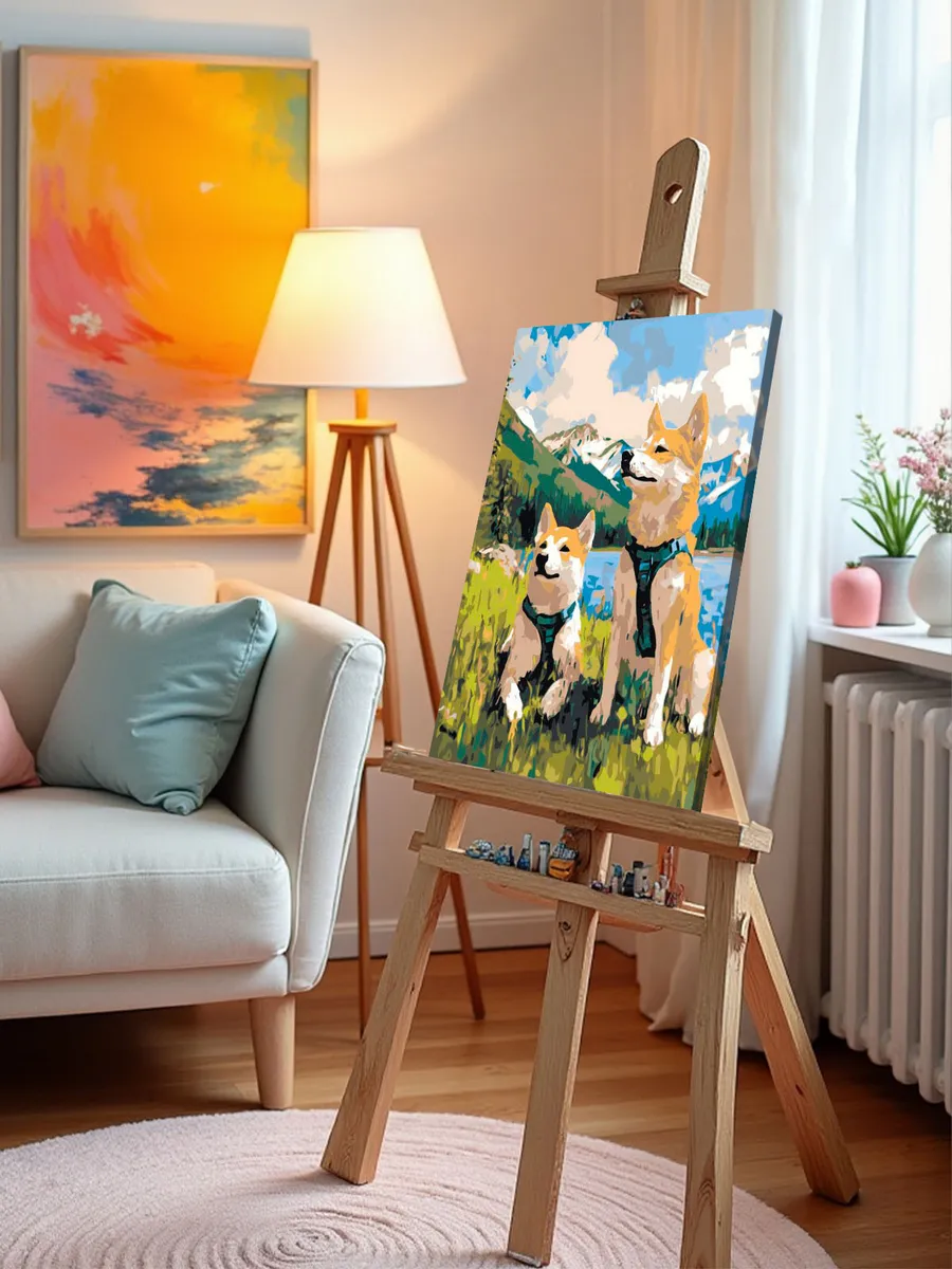 Картина по номерам «Собаки: актиа-ину и озеро в лесу, горы» — картинка 9