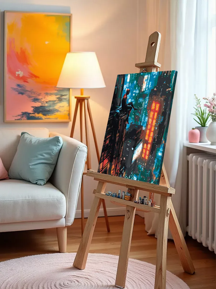 Картина по номерам «Человек-паук на крыше дома, город неон» — картинка 9