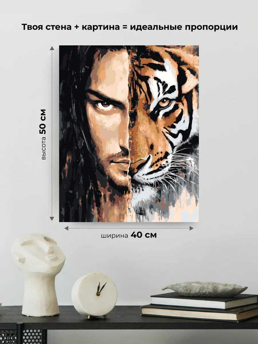 Картина по номерам «Животные: тигр и мужчина, лицо зверя» — картинка 3