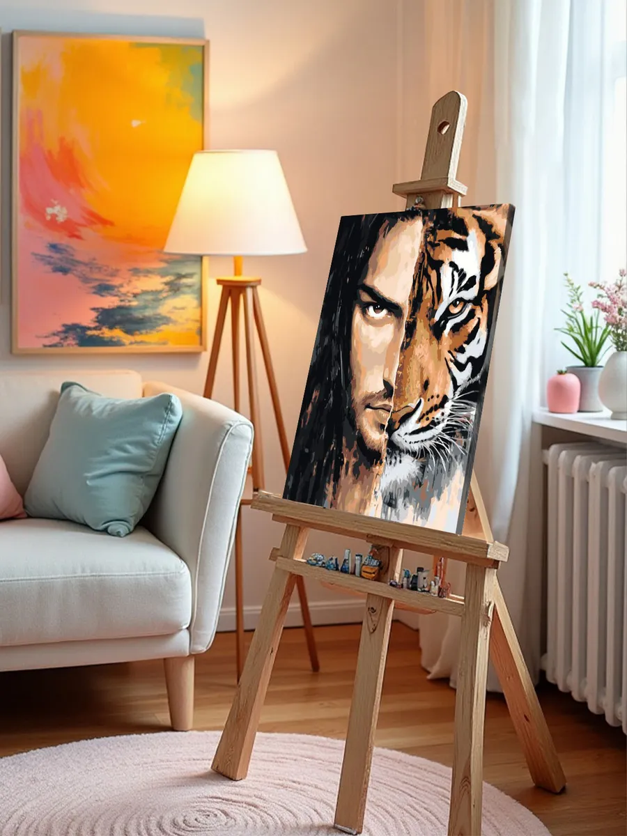 Картина по номерам «Животные: тигр и мужчина, лицо зверя» — картинка 10
