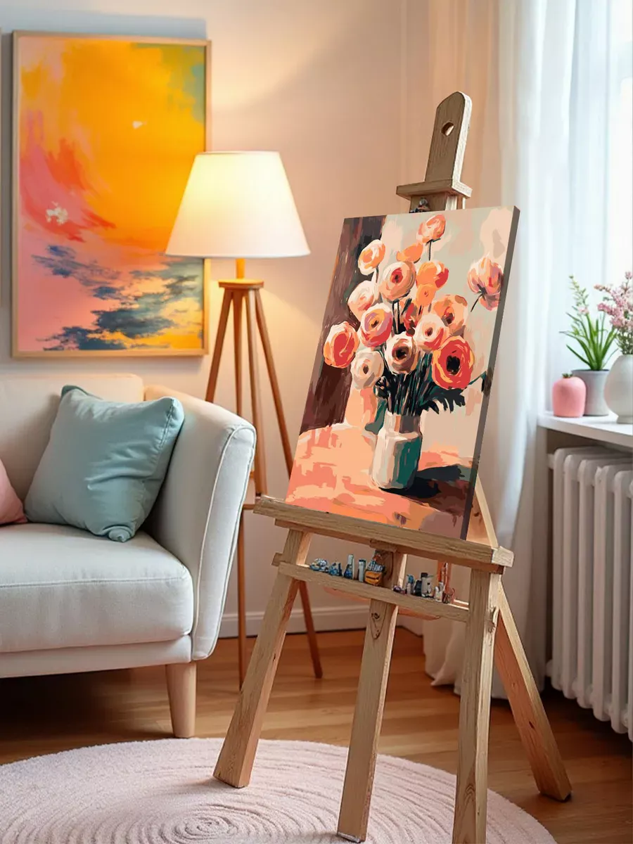 Картина по номерам «Цветы: яркие ранункулюсы в вазе, весна» — картинка 10