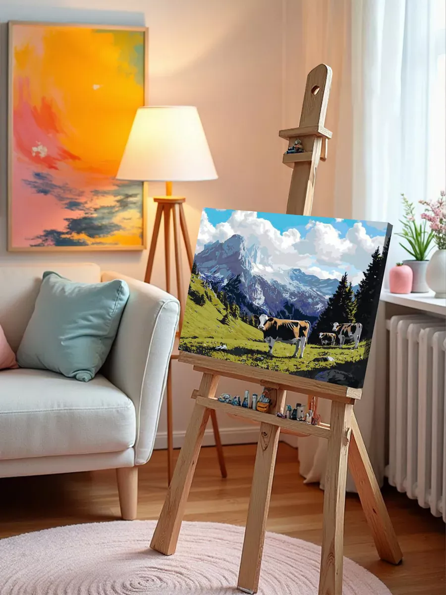 Картина по номерам «Пейзаж: коровы пасутся на фоне горы» — картинка 10