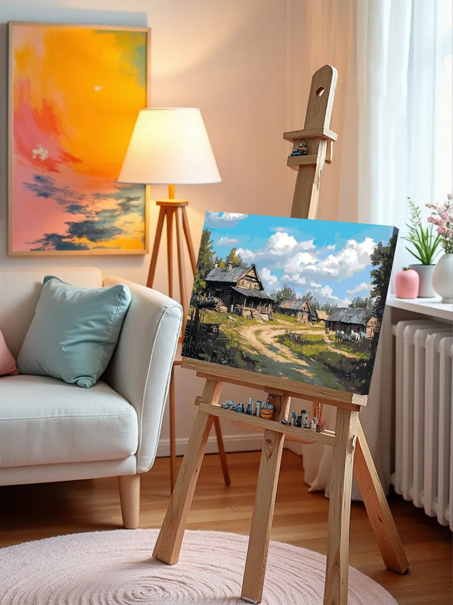 Картина по номерам «Пейзаж: дома в деревне, сельская дорога» — картинка 10