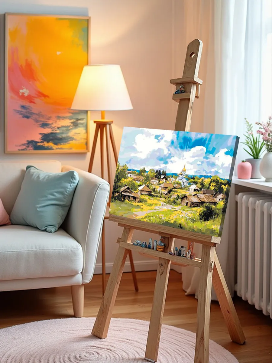 Картина по номерам «Пейзаж: церковь в уютной деревне, весна» — картинка 10