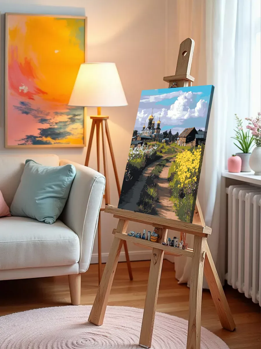 Картина по номерам «Пейзаж: церковь в деревне, цветы, весна» — картинка 9