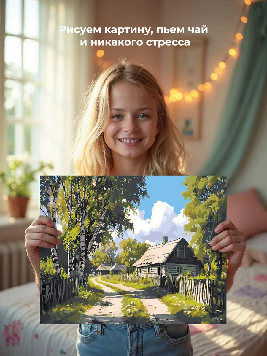 Картина по номерам «Пейзаж: дом в деревне, дорога и березы» — картинка 6