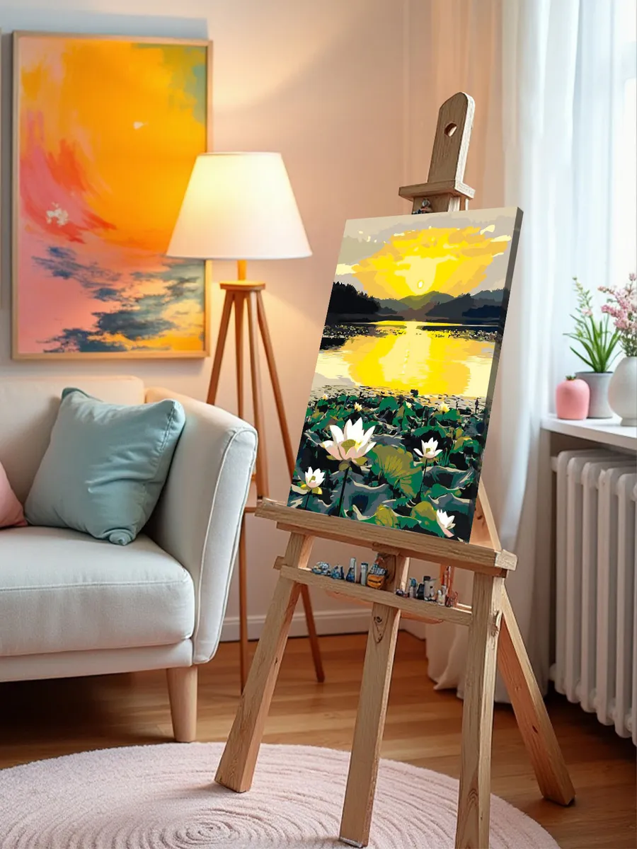 Картина по номерам «Цветы: нежные лотосы в пруду на закате» — картинка 10