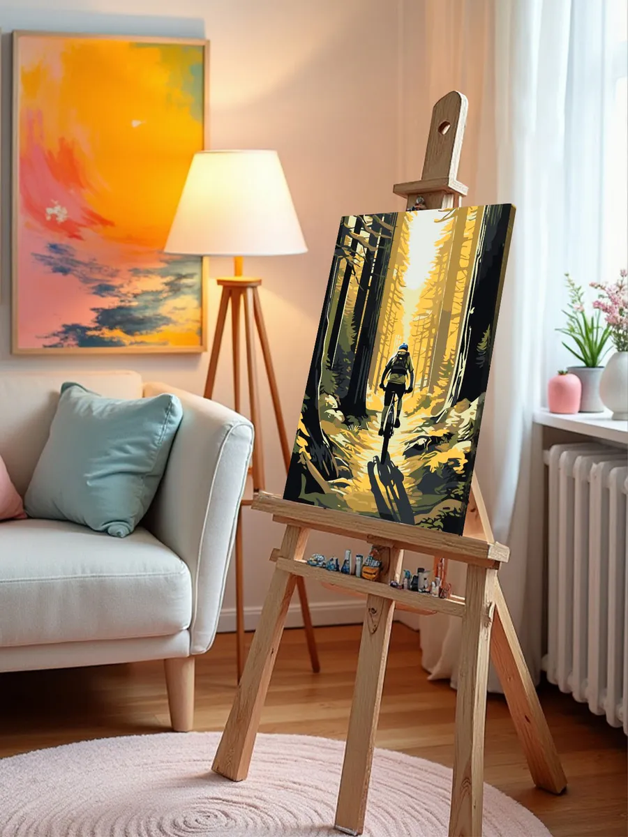 Картина по номерам «Велосипедист на дорожке в лесу арт» — картинка 9