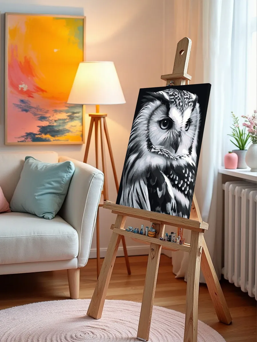 Картина по номерам «Животные: мудрая птица сова, чб портрет» — картинка 9