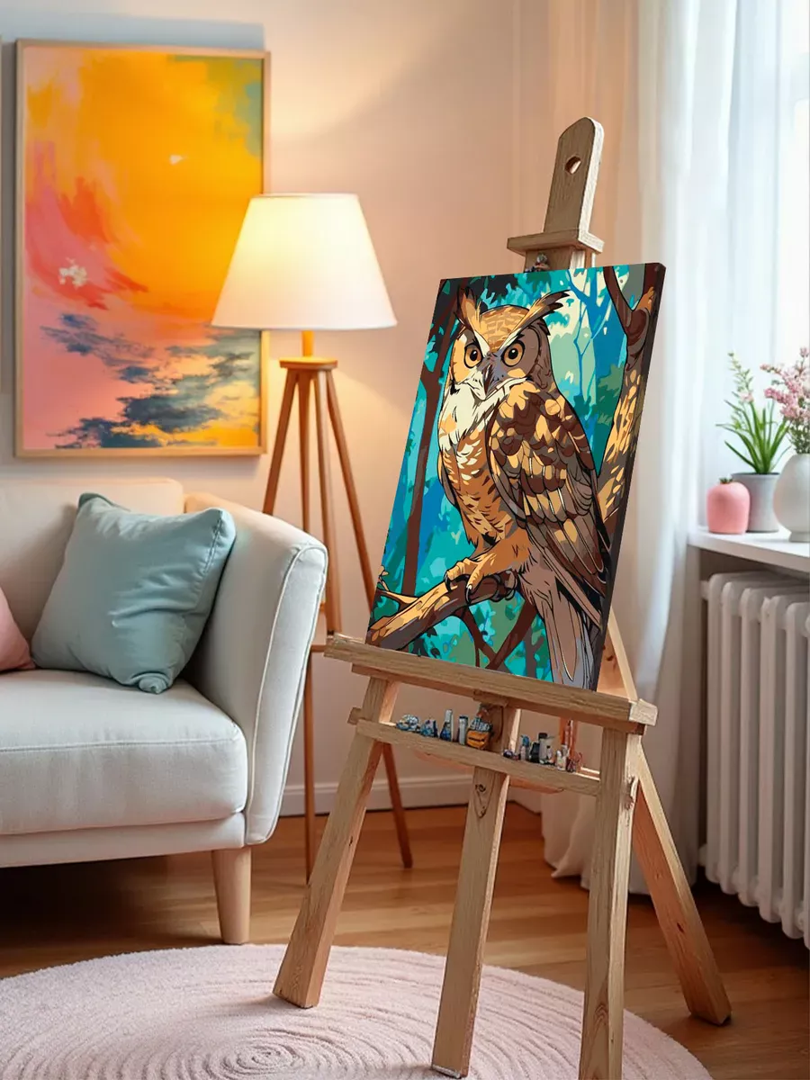 Картина по номерам «Животные: птица сова на дереве в лесу» — картинка 10