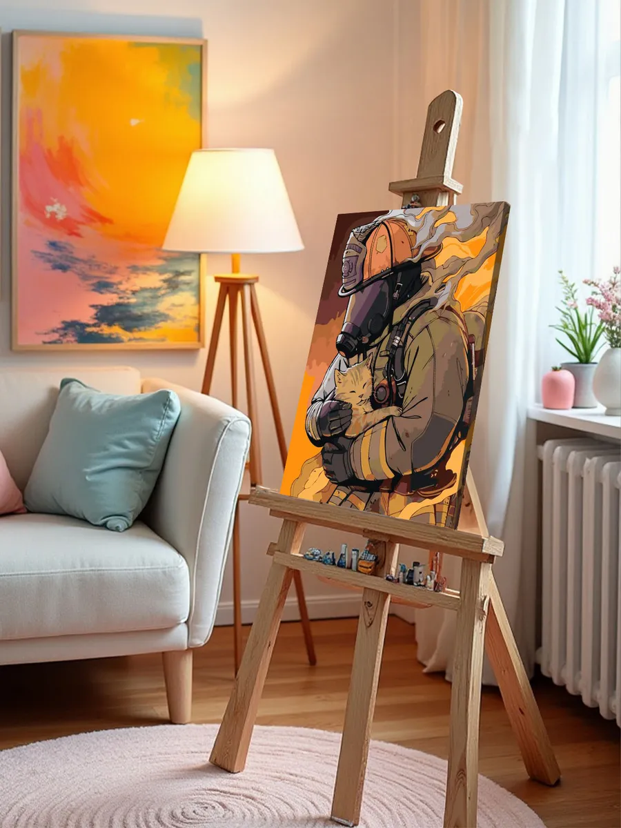 Картина по номерам «Пожарный в форме и спасенный котенок» — картинка 10