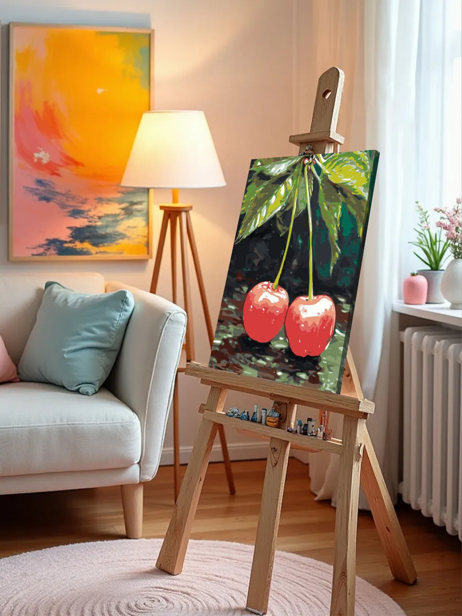 Картина по номерам «Натюрморт: спелые вишни под дождем» — картинка 9