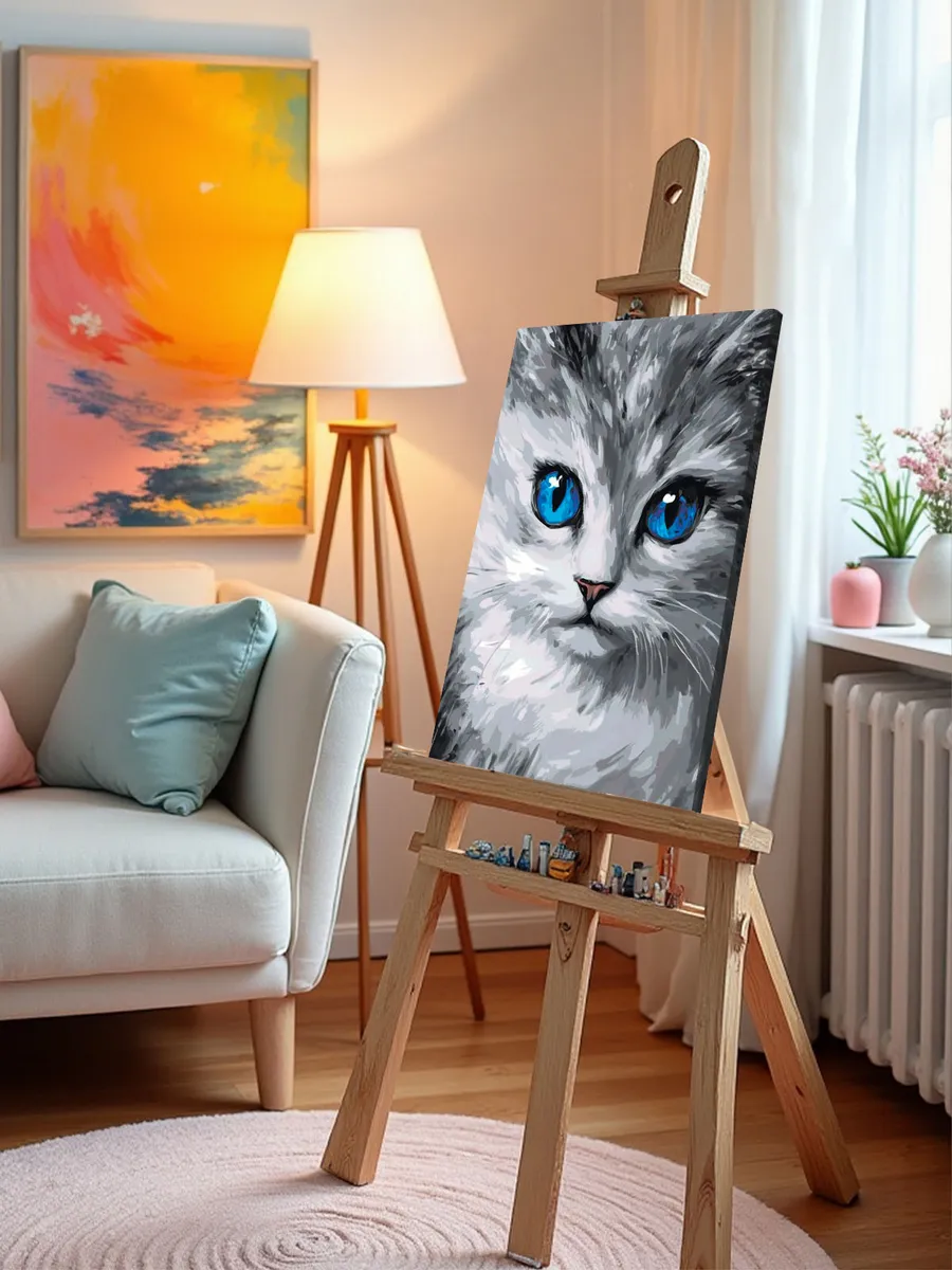 Картина по номерам «Кошки: серый котенок с голубыми глазами» — картинка 10