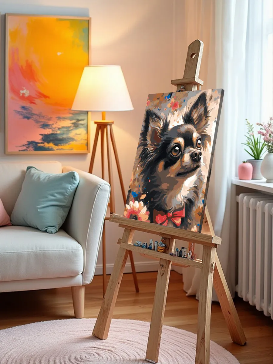 Картина по номерам «Собаки: чихуахуа с бантиком, цветы» — картинка 9