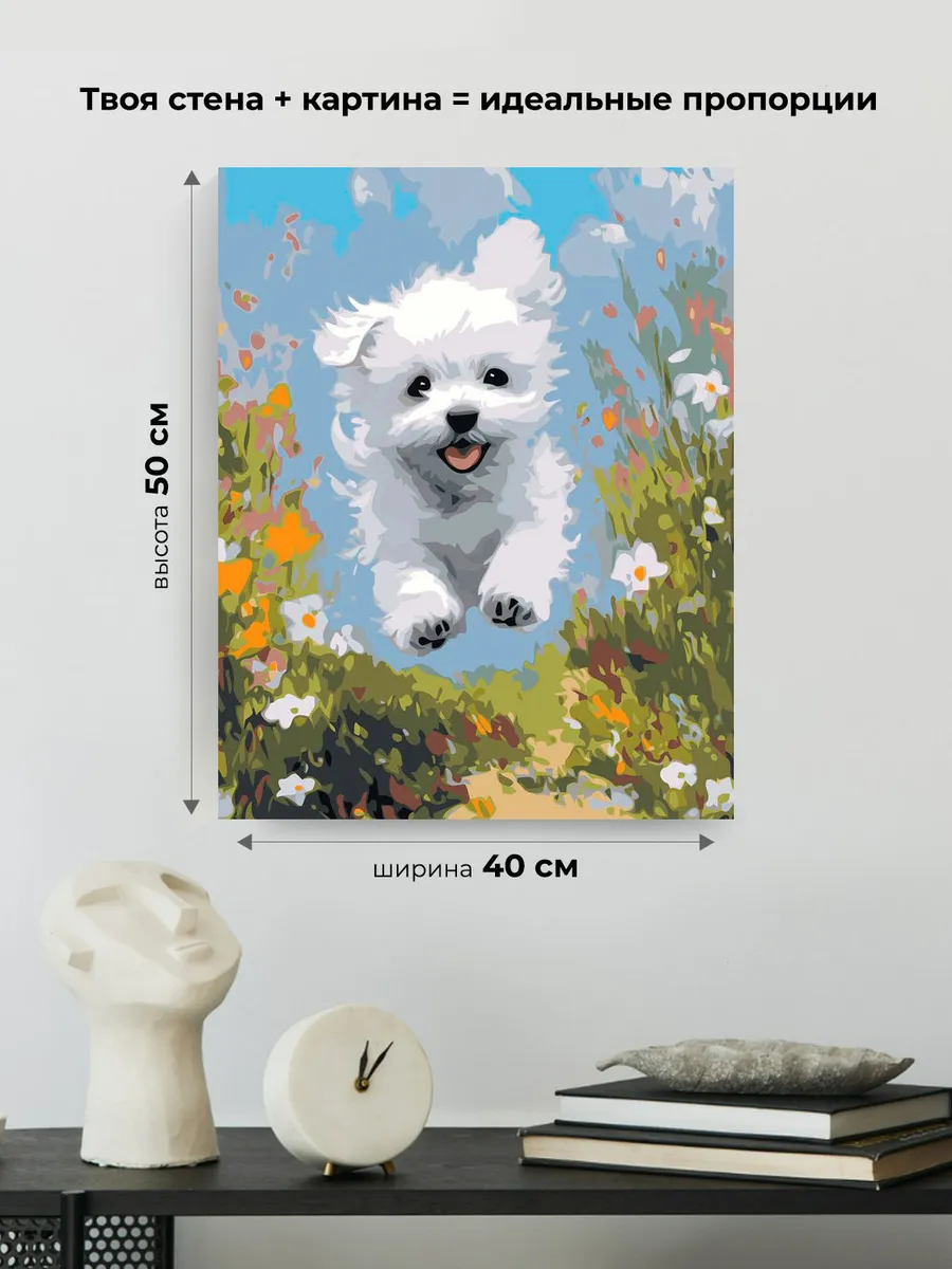 Картина по номерам «Собаки: белая болонка среди цветов» — картинка 3