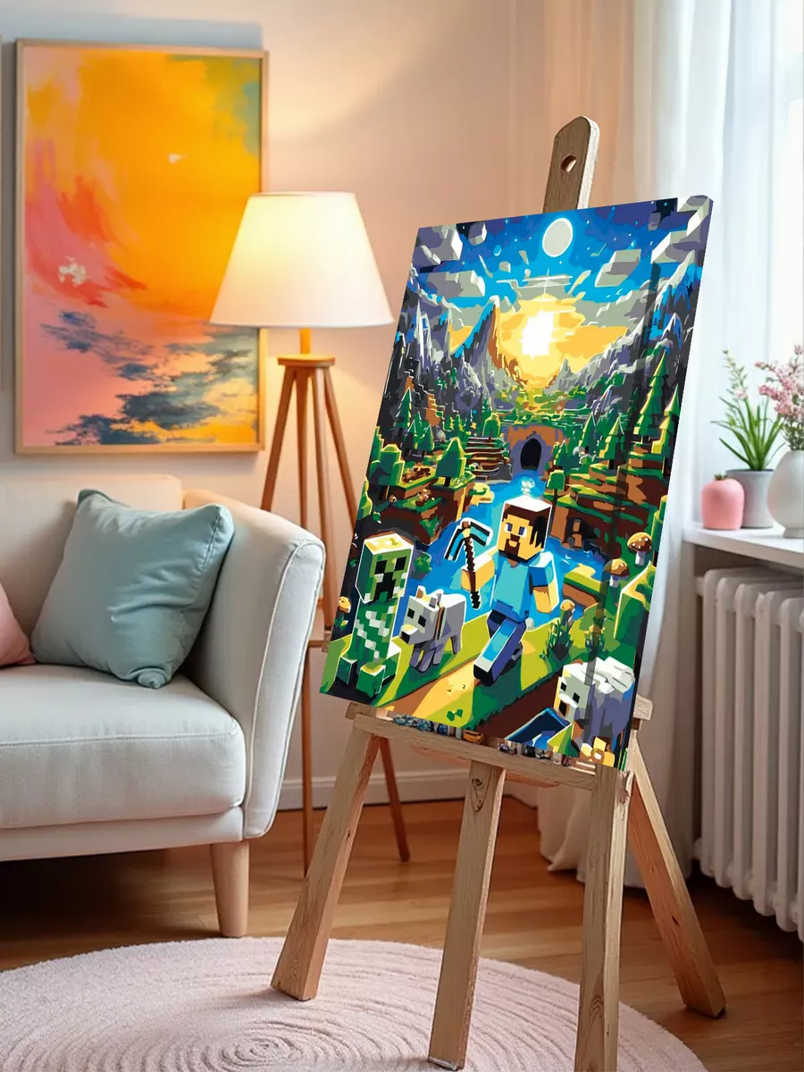 Картина по номерам «Игра Майнкрафт Minecraft: Стив и крипер» — картинка 9