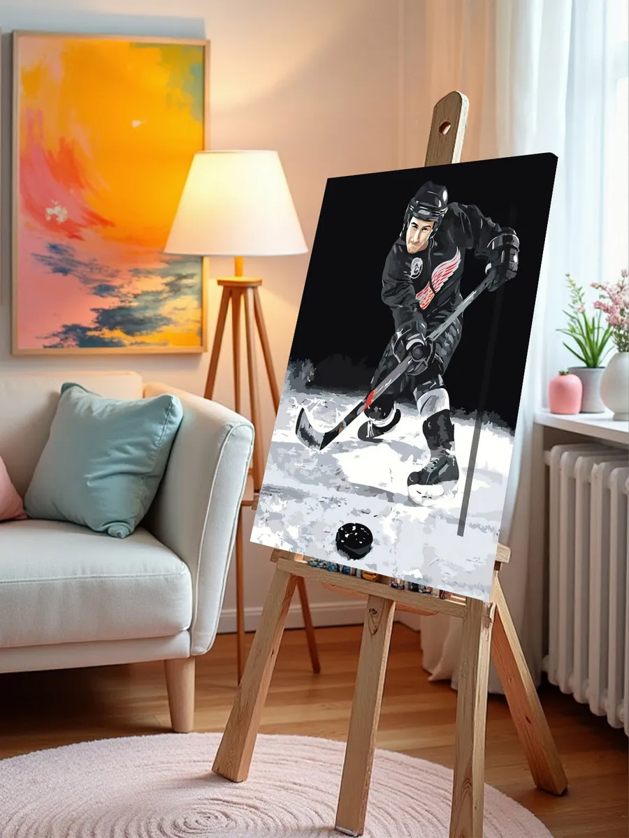 Картина по номерам «Хоккей, спорт: хоккеист бьет по воротам» — картинка 10