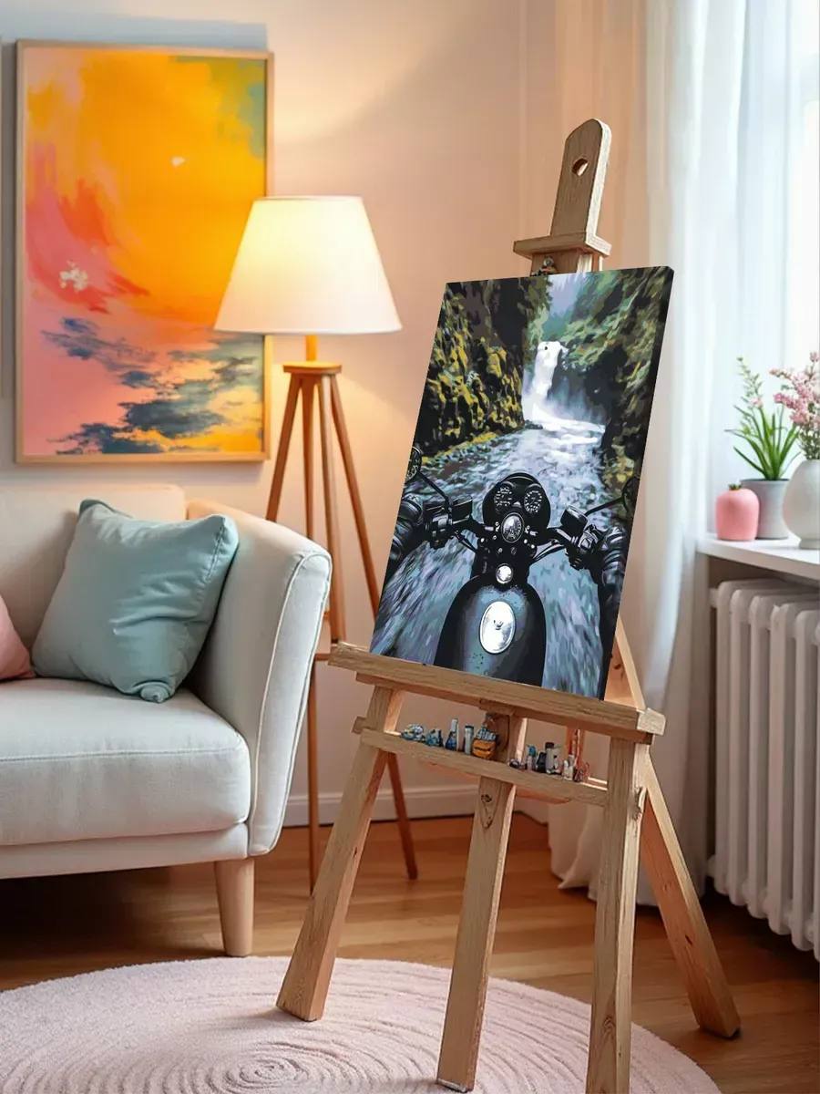 Картина по номерам Пейзаж мотоцикл и горная река — картинка 10