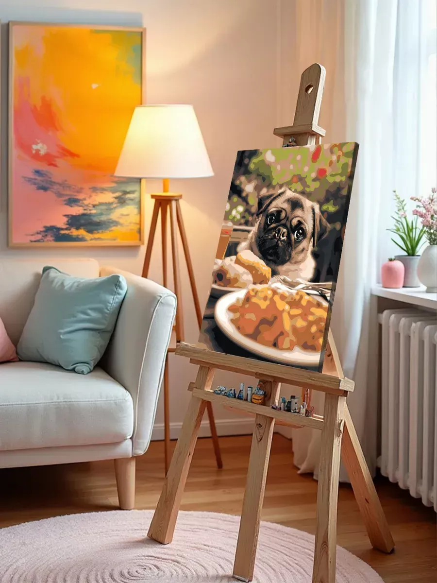 Картина по номерам Собака маленький мопс за столом с едой — картинка 10