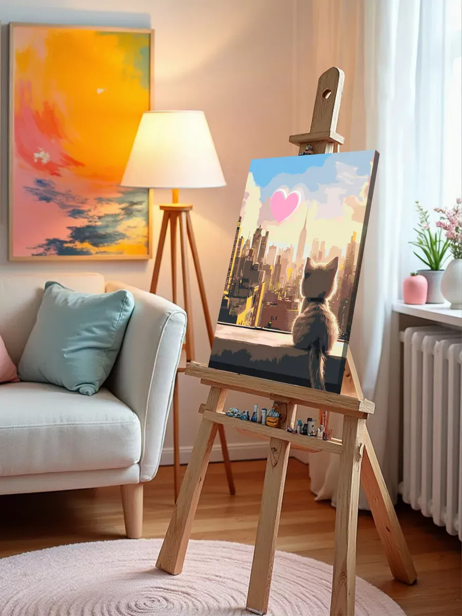 Картина по номерам Котенок сердце и город на закате — картинка 10