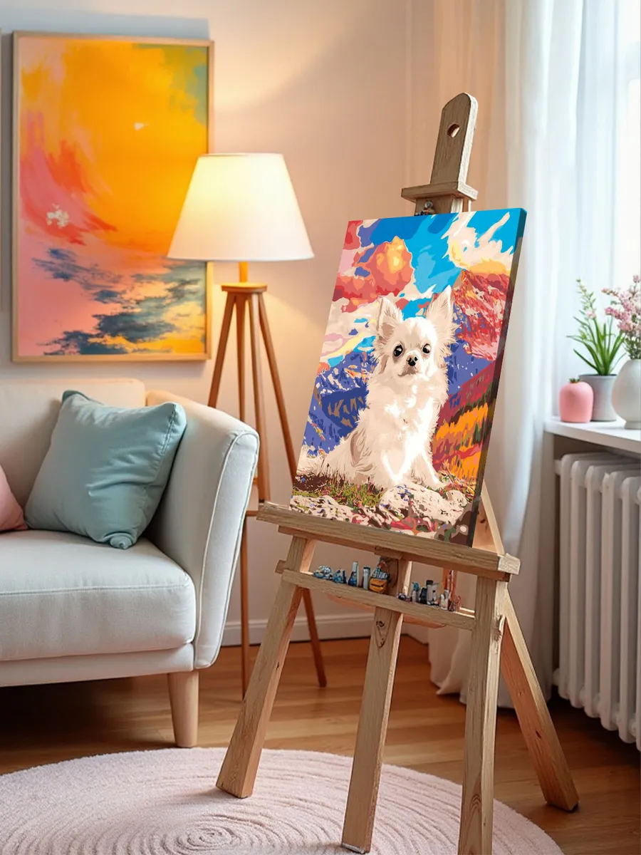 Картина по номерам Собака чихуахуа на фоне разноцветных гор — картинка 10
