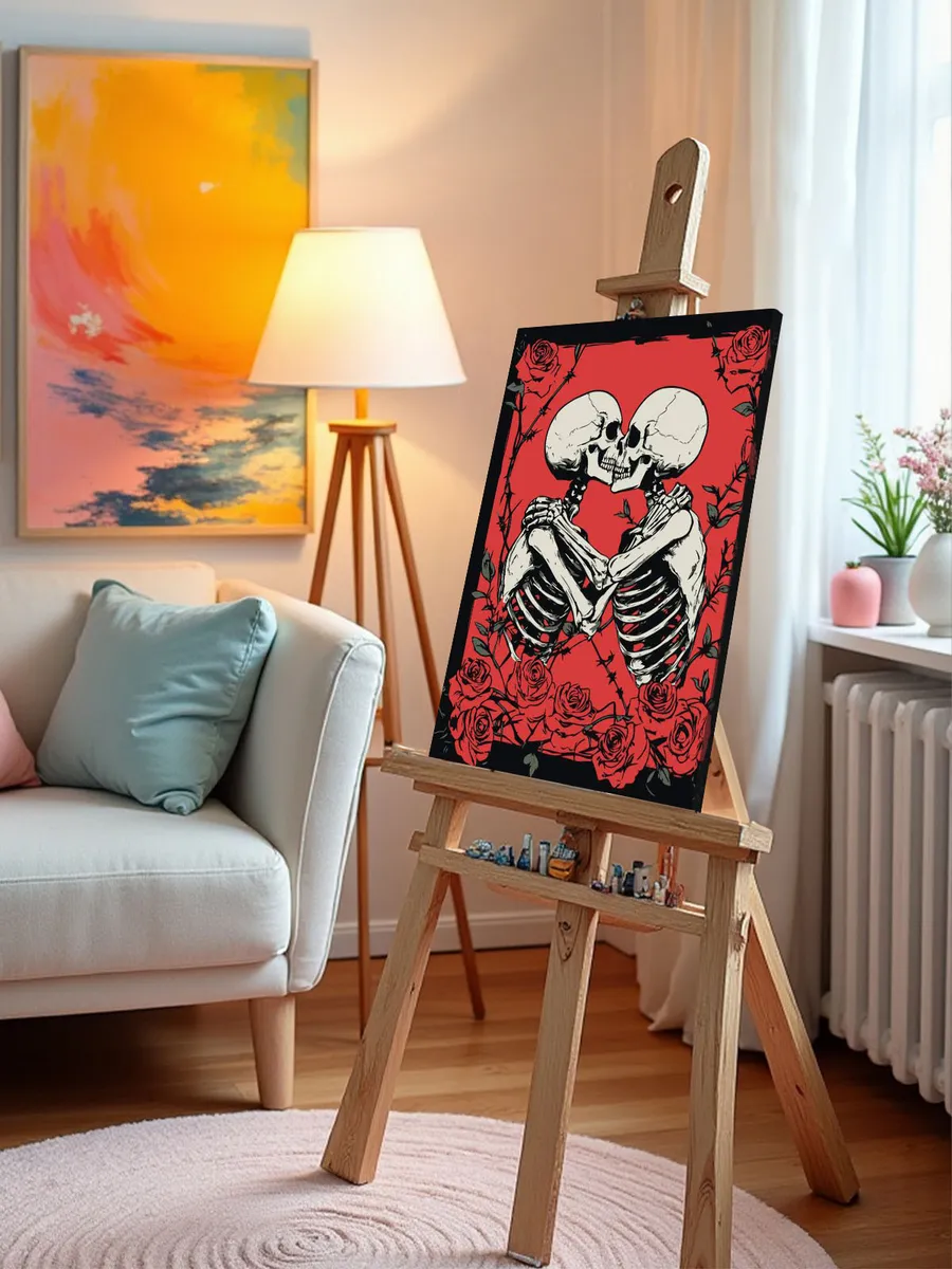 Картина по номерам Влюбленные скелеты и красные розы арт — картинка 10