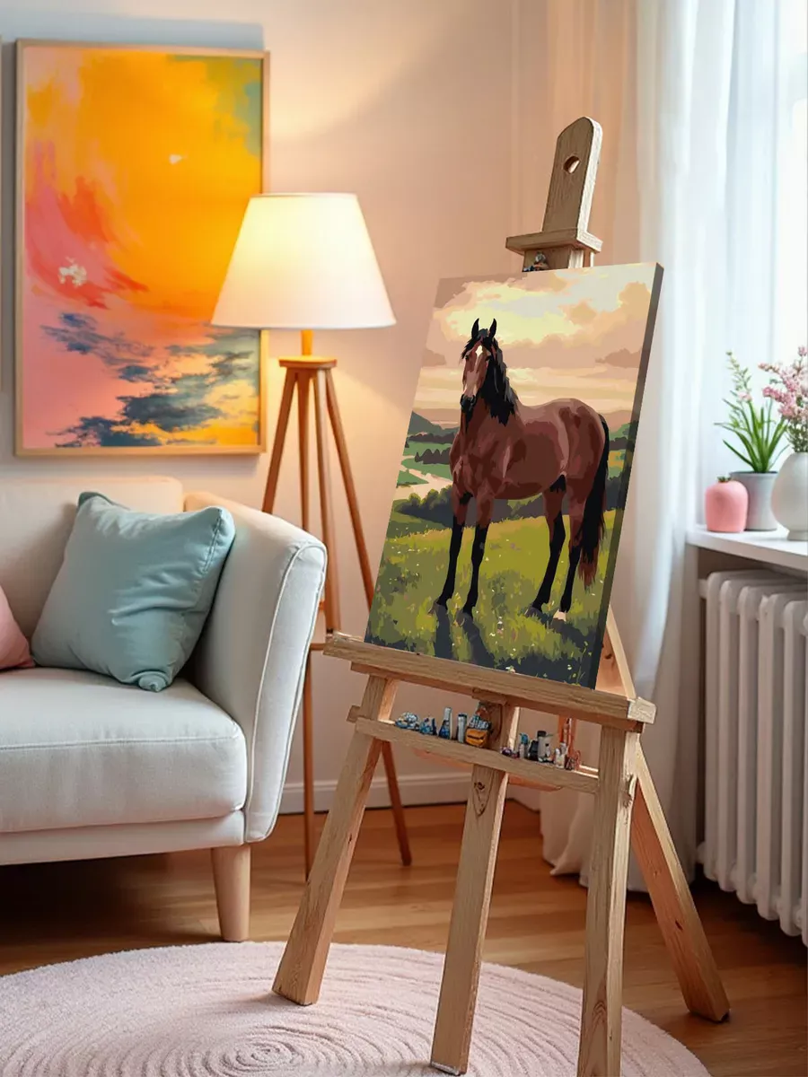 Картина по номерам Лошадь на лугу на закате Символ года — картинка 9