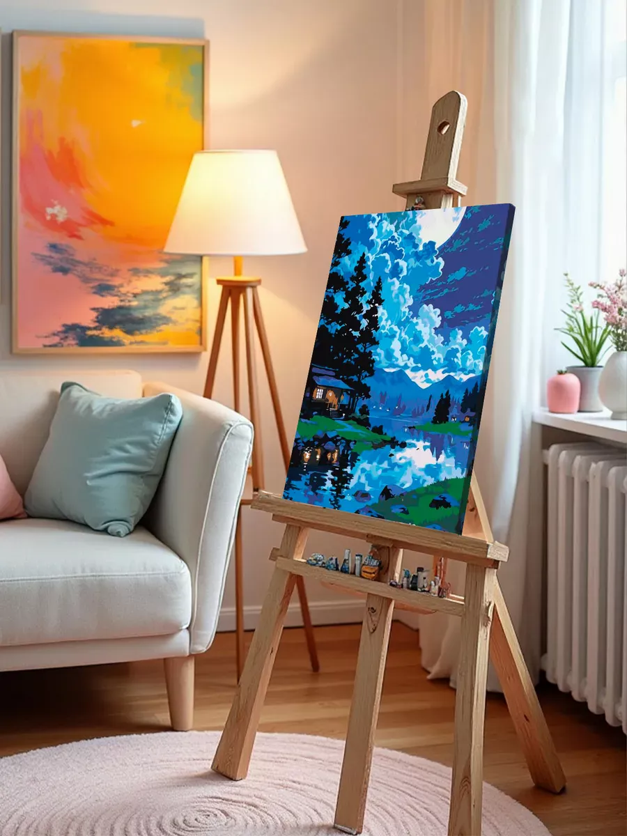 Картина по номерам Домик на берегу озера в горах под луной — картинка 9