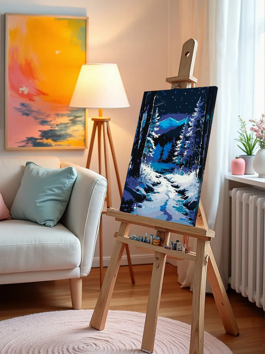 Картина по номерам Зимний ручей в ночном горном лесу — картинка 10