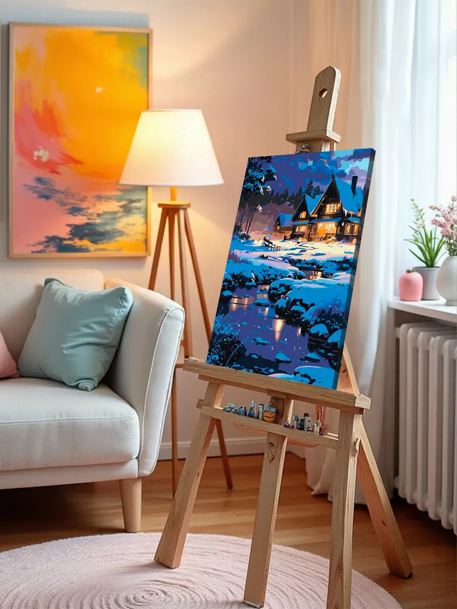 Картина по номерам Уютные домики и ручей ночью Зима — картинка 9