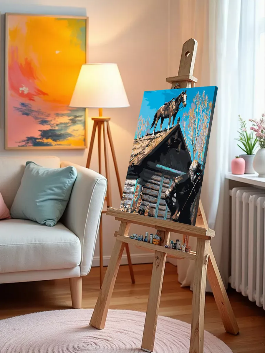 Картина по номерам «Ведьмак и конь на крыше» — картинка 9