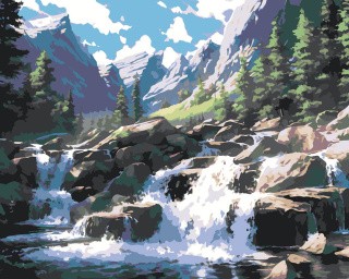 Картина по номерам «Природа: Пейзаж с ручьем возле леса в горах 2»