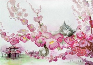 Рисунок на ткани «Кот в сакуре»