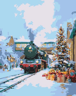 Картина по номерам Новогодняя елка и ретро поезд Картина по номерам Новогодняя елка и ретро поезд