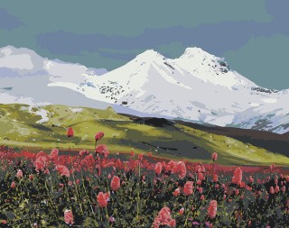 Картина по номерам «Пейзаж гора Эльбрус в снегу и цветы 2»