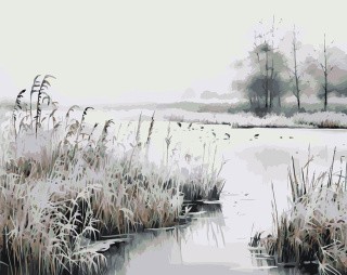 Картина по номерам «Зима: Снежный пейзаж с замерзшим озером»