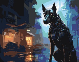 Картина по номерам «Собака доберман-киборг в городе будущего»