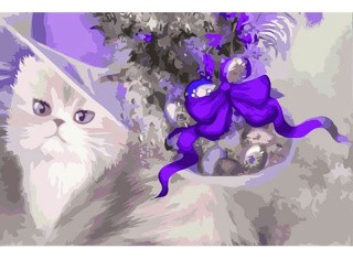Открытка по номерам «Кошка в пасхальной фиолетовой шляпе»