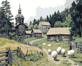 Картина по номерам «Пейзаж: церковь в деревне, белые овечки» Картина по номерам «Пейзаж: церковь в деревне, белые овечки»