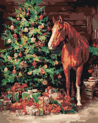 Картина по номерам Красная лошадь и елка Символ нового года