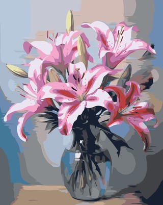 Картина по номерам «Цветы: Розовые лилии в стеклянной вазе»