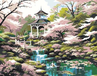 Картина по номерам «Природа: Пейзаж с беседкой в цветущем весеннем саду»